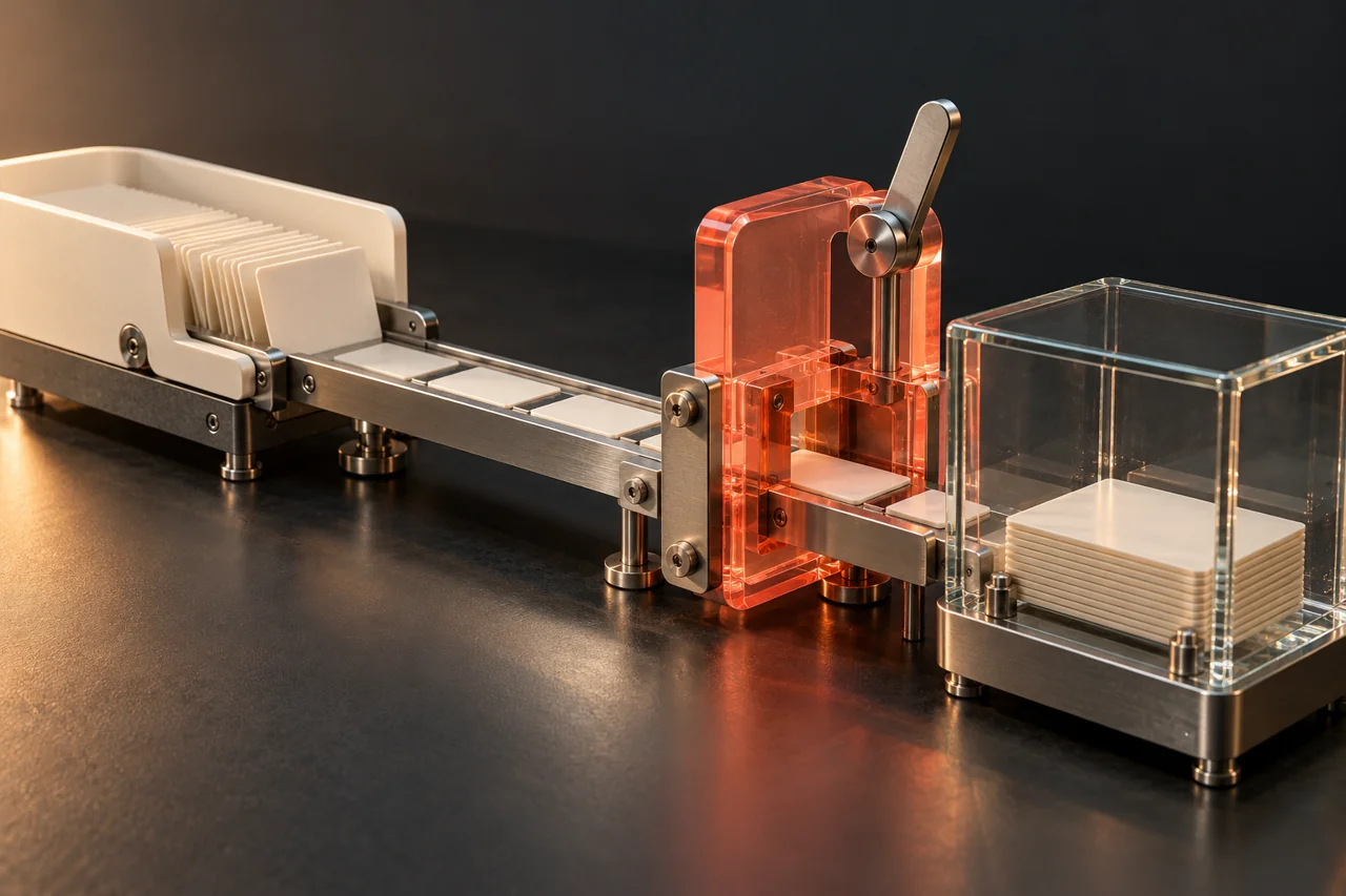 A precision mechanism with an explicit coral manual approval gate before its output chamber.