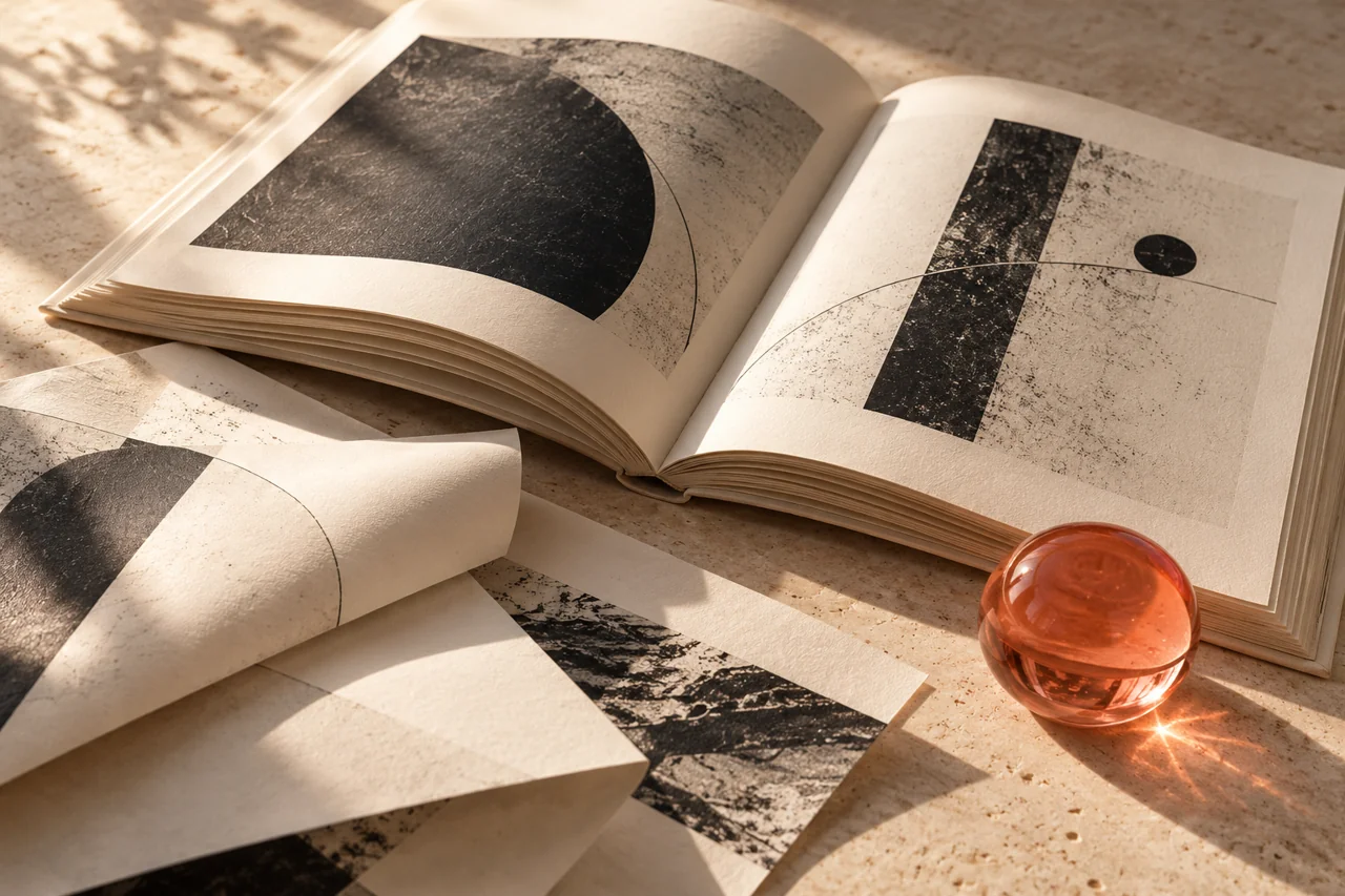 Tactile editorial books and specimen sheets with a restrained coral glass paperweight.