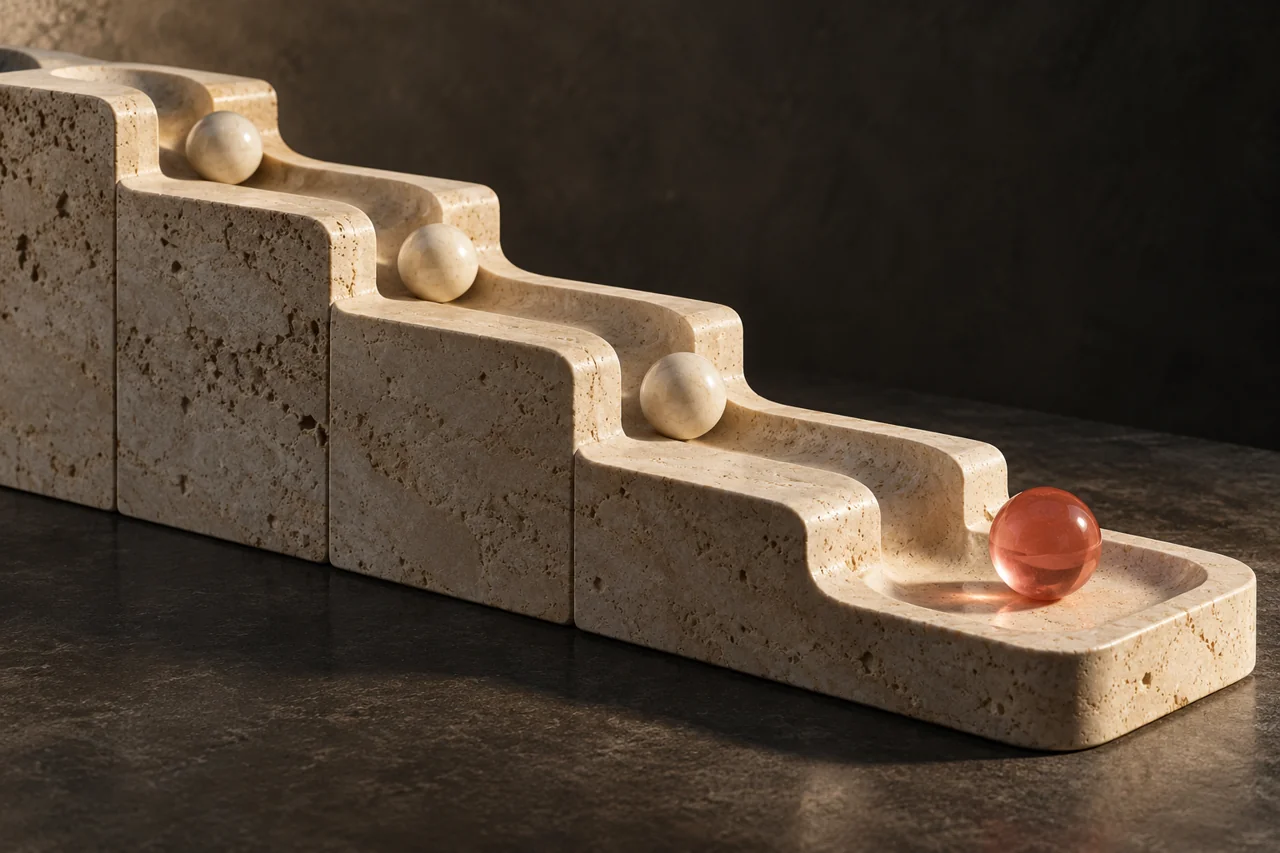 Carved stone channels carry individual tokens through a clear sequence to a receiving tray.
