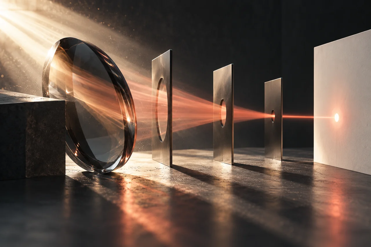 A broad light beam is focused through precision glass onto a small illuminated target.