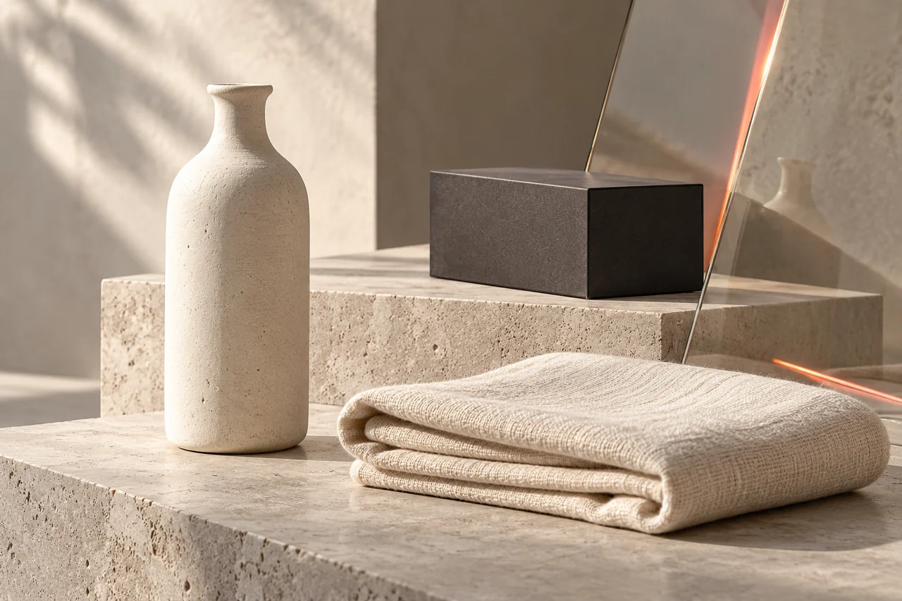 Unbranded ceramic, linen and packaging arranged as a refined retail still life.
