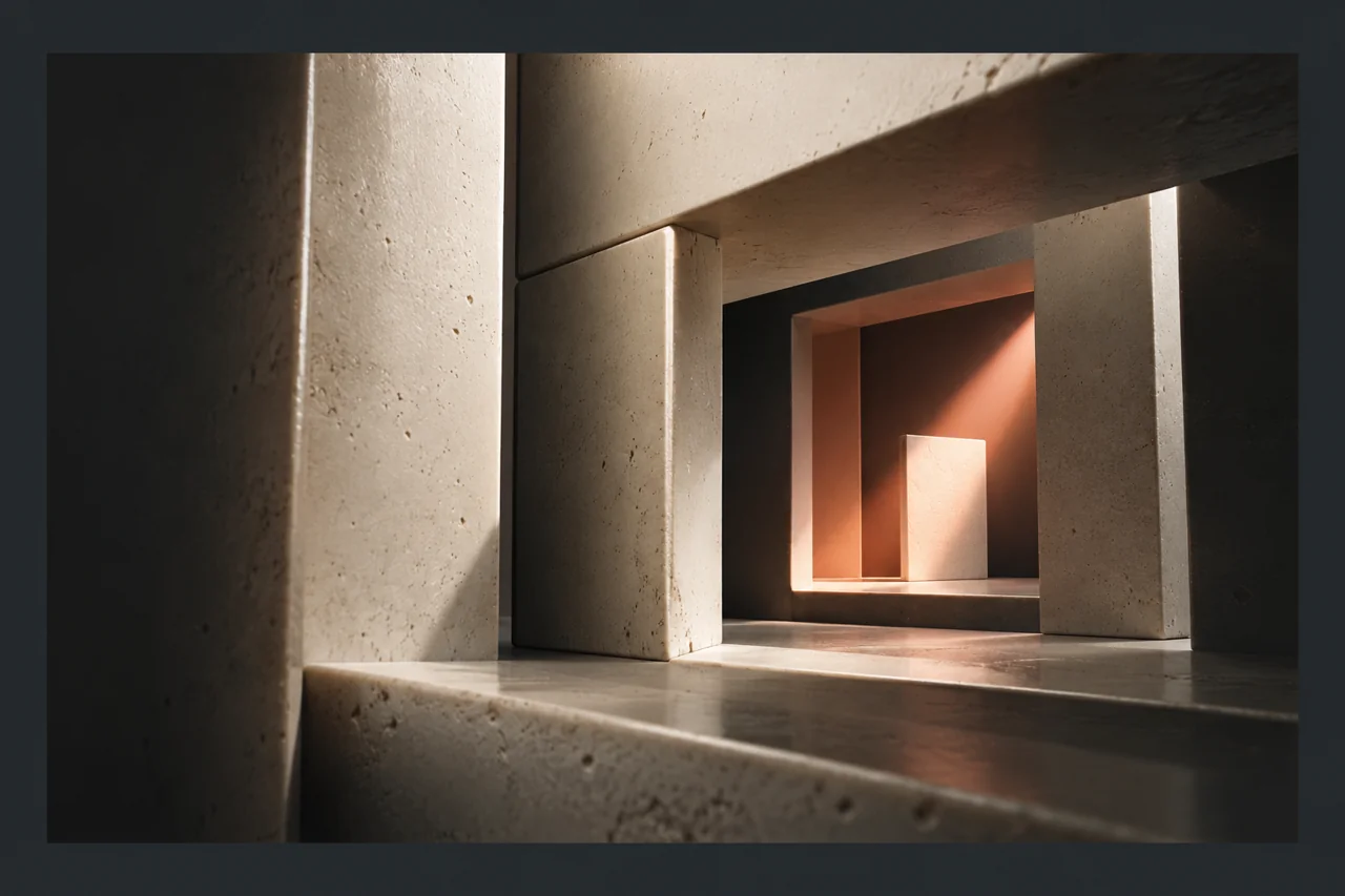 Sculptural aperture revealing successive layers and a warmly lit page-like panel.