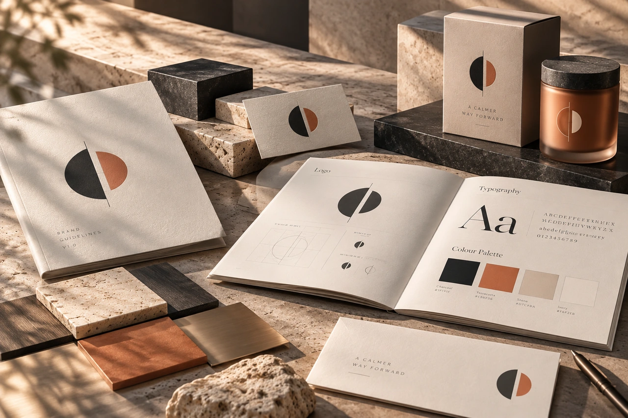 Fictional A Calmer Way Forward identity system with typography, brand guidelines, stationery and packaging.