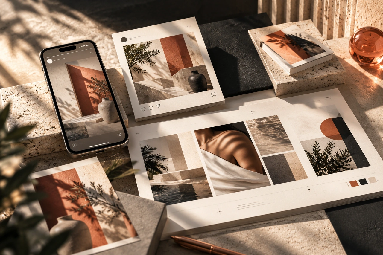 Warm terracotta social content moodboard with a phone, editorial post layouts and tactile campaign materials.